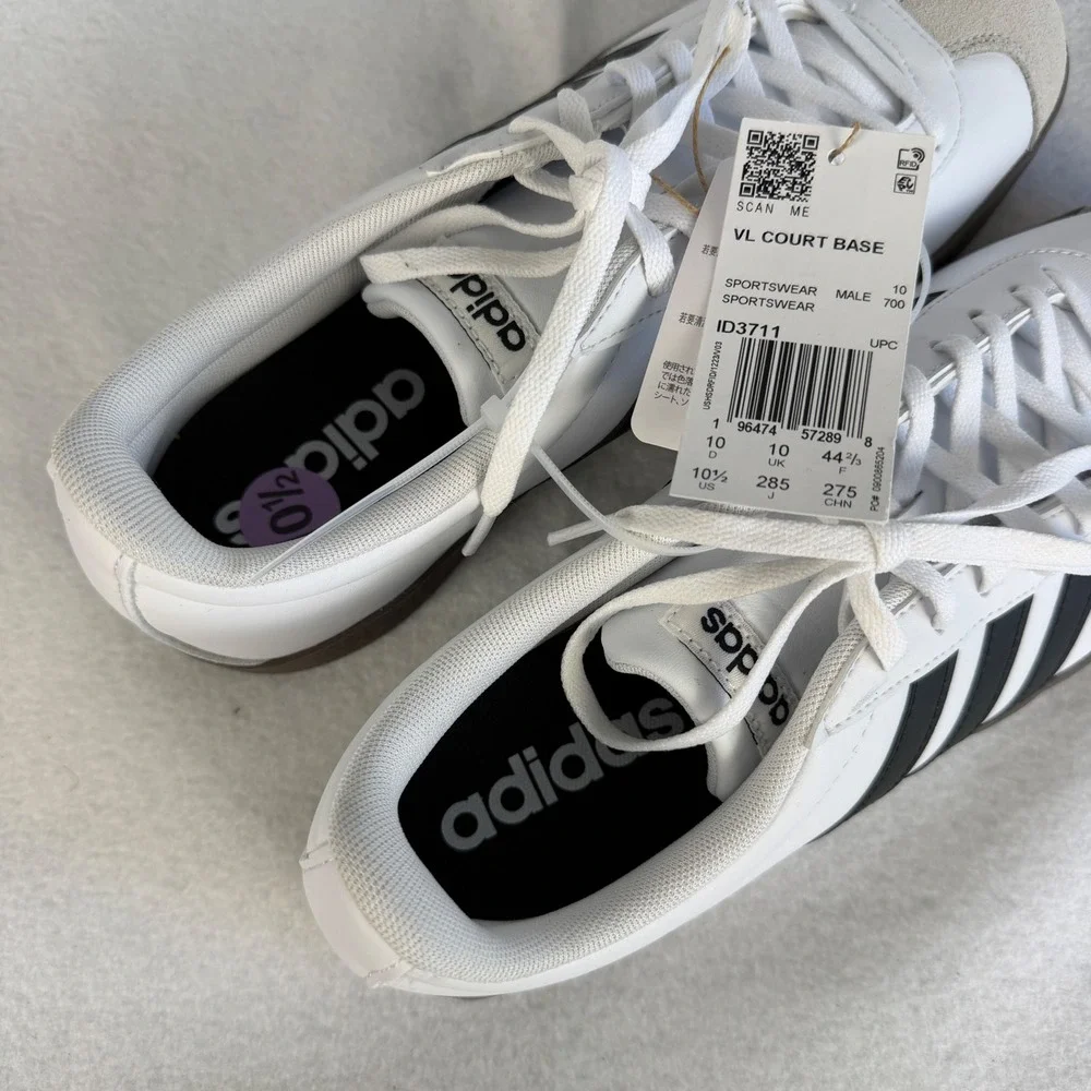 New‎ Adidas Mens Size 10.5 VL Court Base White Black Gum Sole Sneakers